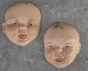 Vtg Pair Large Chalkware Plaster Laughing & Crying Baby Head Wall Plaques Oddity - Picture 1 of 7
