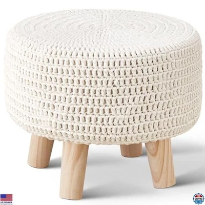 Wimarsbon Boho Knitted Pouf Ottoman - 100% Cotton Round Footstool with Wood Legs - Image 1 of 4