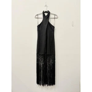 Maxi Vestido Formal Zara Lino Cuello Halter Espalda Abierta Flecos Dobladillo Negro Para Mujer S - Imagen 1 de 7