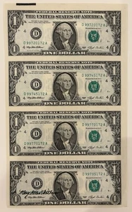 Uncut $1 / $2 / $5 Sheets (4 Each) Signed by 1993 US Treasurer, Serials Match! - Picture 1 of 8