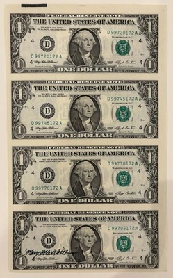 Uncut $1 / $2 / $5 Sheets (4 Each) Signed by 1993 US Treasurer, Serials Match! - Image 1 of 4