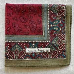Vintage Mens Handkerchief Paisley Border Green Pocket Square Dark Red Cotton 18" - Picture 1 of 3