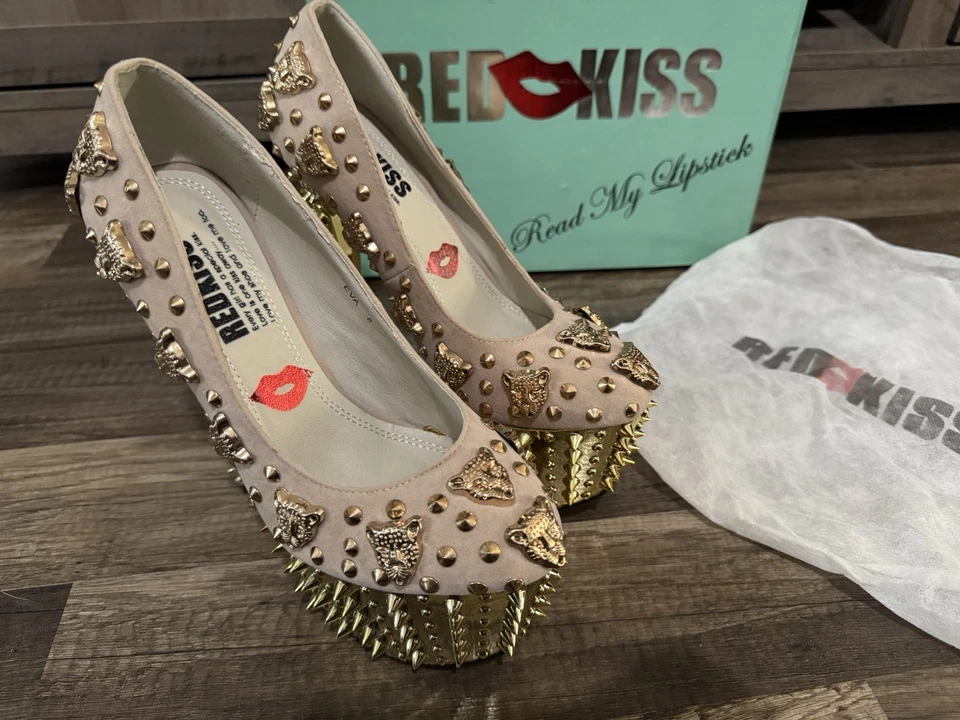Red Kiss Studded Eva Sz 8 Nude Platform Dancer Pole Platform Spikes 5" Heels - Image 1 of 4
