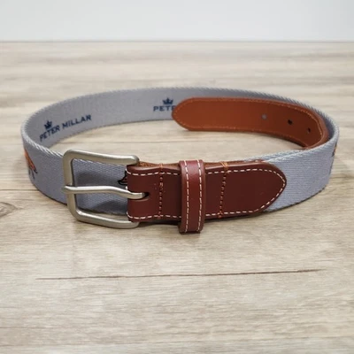 Пояс Peter Millar мужской 34 серый холщовый кожаный с вышивкой Fox сделано в США - Изображение 1 из 4