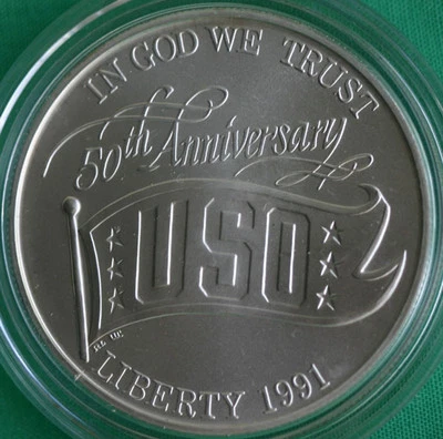 1991 D BU USO Silver Dollar Commemorative Coin ONLY UNCIRCULATED $1 No Box - Image 1 of 2