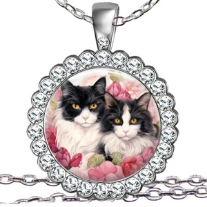 Tuxedo Cats Necklace Watercolor Art Print Silver Charm Pendant Cat Mom Gift - Picture 1 of 5