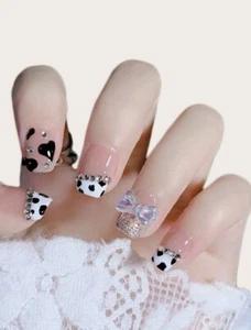 French Tip Cow bow White Press On Nails Fake Medium Nail False Glue Kit Set 24 - Picture 1 of 2