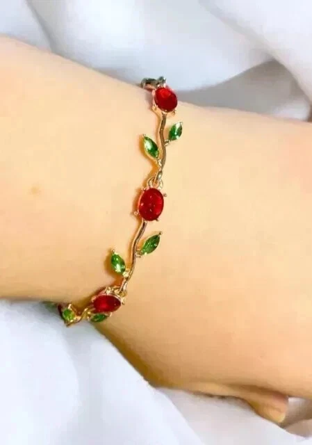 "Brazalete para mujer esmeralda rubí rojo creado en laboratorio corte ovalado de 5 quilates enchapado en oro de 14 quilates blanco 7""" Foto 1 de 3