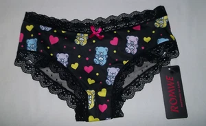Romwe kawaii lace trim bear/dot/heart print panties w/mesh rear S black nwt 80s - Picture 1 of 4