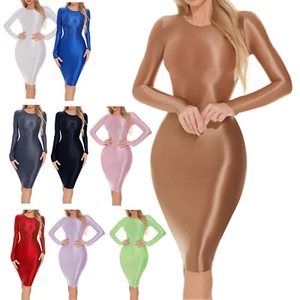 Women Glossy Bodycon Dress Long Sleeve Sexy Casual Elastic Hip Wrap Clubwear - Picture 1 of 84