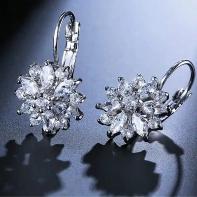9K REAL WHITE GOLD FILLED  FLOWER HOOP EARRINGS MADE WITH SWAROVSKI CRYSTALS HE2 - Image 1 of 4