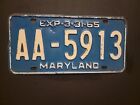 Vintage 1965    MARYLAND    License Plate  AA - 5913