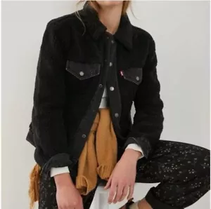 LEVI'S Black Sherpa Ex-Boyfriend Trucker Jacket Size M Color Black - Picture 1 of 12