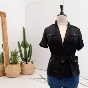 White House Black Market Women’s 14 Zip V-NeckLinen Blend Belted Jacket Black - Picture 1 of 11