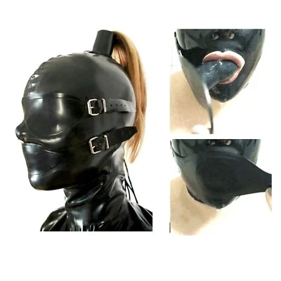 UK Latex Rubber Mask Hood Removable Eyes mouth with Gold Hairpiece Catsuit Mask - Image 1 of 4