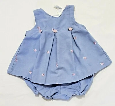 Vestido Little Bitty Azul Metido y Bordado Rosebud Detalle 6-9m 2 piezas De Colección Foto 1 de 4