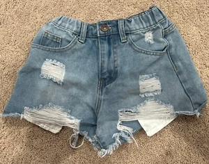 SHEIN Light Blue Washed Frayed Ripped Denim Shorts Hi-Rise Teen Girls Size 8-9 - Picture 1 of 7