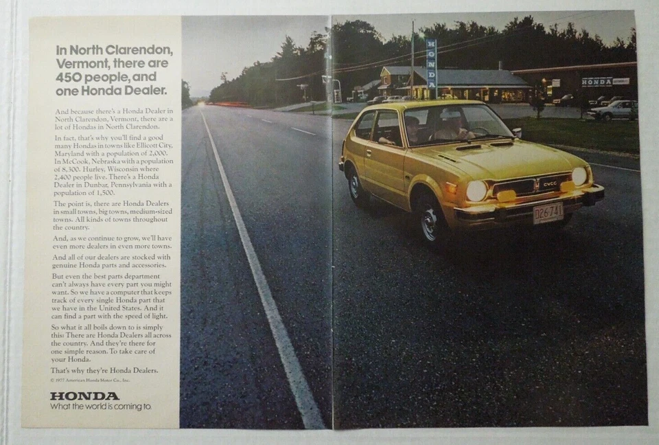 1977 HONDA 2-Page Magazine Ad - North Clarendon, Vermont Honda Dealer - Image 1 of 1