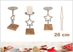 Portacandele In Metallo Stella XL Argento Design Su Base In Legno Altezza 26 Cm - Foto 1 di 11