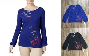 Charter Club Pullover Pulli Bluse mit Blumenstickerei Damen blau schwarz - Bild 1 von 12