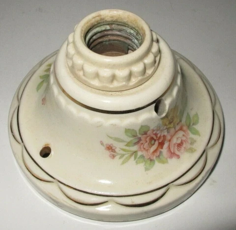 Vintage Ceiling Flush Mount Ceramic Single Bulb Floral Light Fixture 1930s Cover