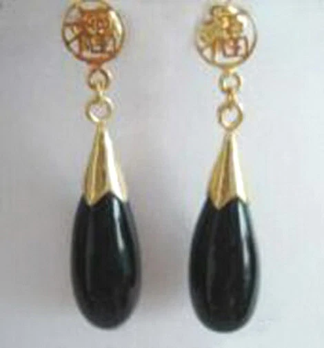 Par de aretes colgantes de fortuna chapados en oro de 18 kg de gota de agua de ónix ágata negra Foto 1 de 3