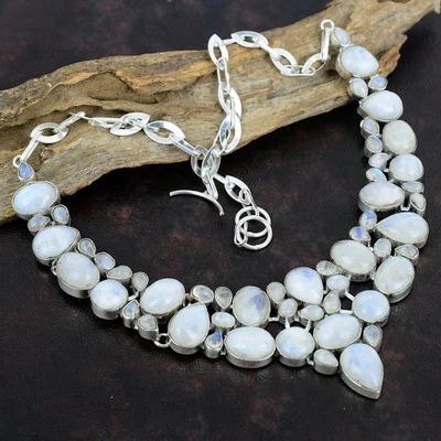 Collar de joyería de plata de ley 925 con piedras preciosas de luna naturales tamaño-17-18" Foto 1 de 4