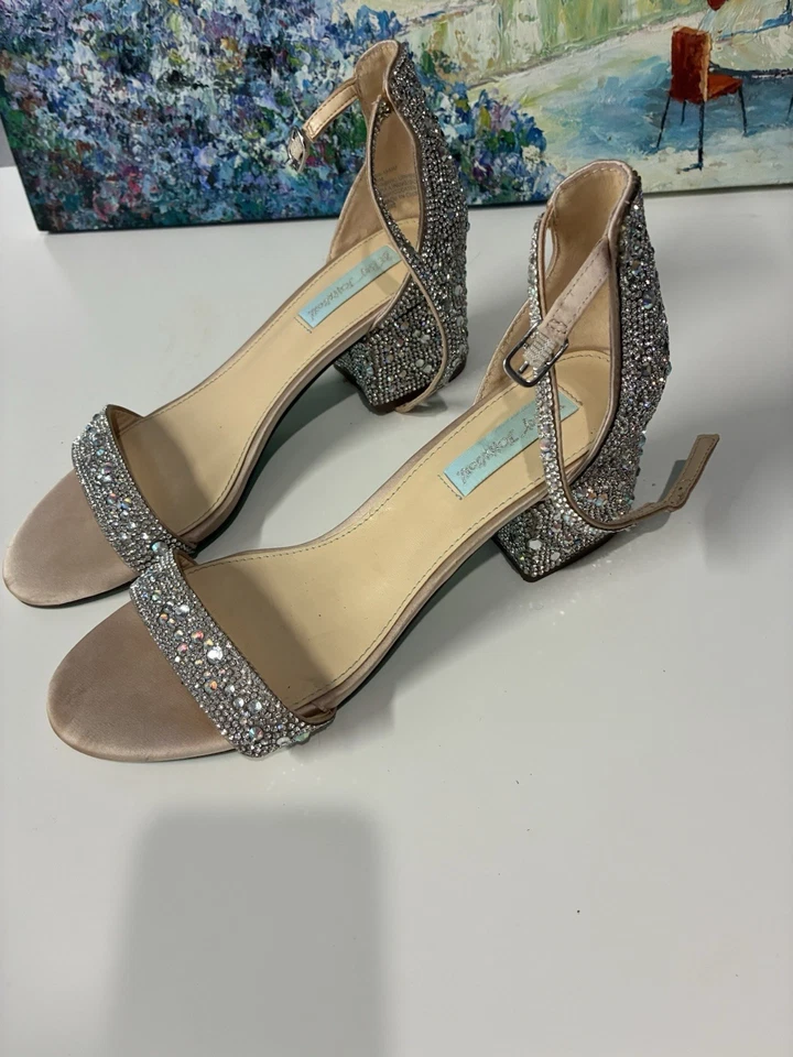 Betsey Johnson Silver SB Hale Rhinestone Bling Heel Strappy Sandals Size 8 - Image 1 of 4