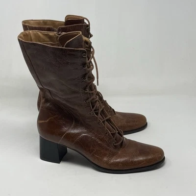Naturalizer Boots Womens 11 M Brown Leather Granny Prairie Lace Up Zip Vintage - Image 1 of 4