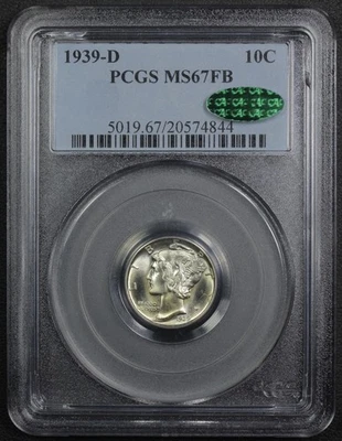 1939 D Full Split Bands Mercury Silver Dime 10C PCGS MS 67 FB CAC - Image 1 of 4