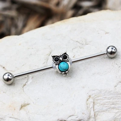 316L Stainless Steel Turquoise Owl Industrial Barbell 1.6mm x 38mm - Image 1 of 3