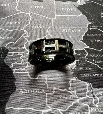 Мужская INOX стальное кольцо размер 11 черный и серебро со стальным кабелем инкрустация новый - Изображение 1 из 4