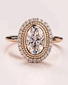 2.20Ct Oval Cut Moissanite Halo Engagement Women's Ring In Solid 14K Yellow Gold - Picture 1 of 6