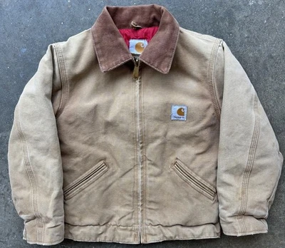 Vintage Carhartt Detroit Canvas Jacket Youth 8 Y04 BRN Tan Cord Collar Quilted - Image 1 of 4