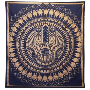 Hamsa Bedspread | Blue Gold Cotton Wall Hanging | Protective Boho Decor - Picture 1 of 1