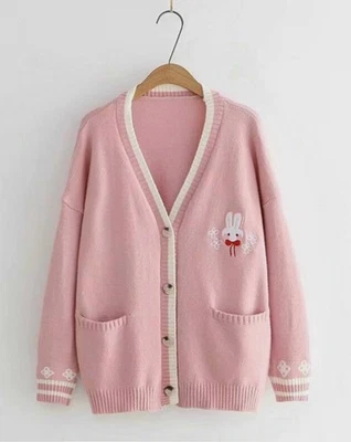 *~*👚🐰Mujer Kawaii Conejo Tejido CARDiGAN SUÉTER Uniforme Japonés Mori JK Bolsillo Foto 1 de 4