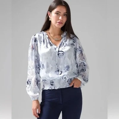 白宫黑市花卉丝绸倦怠缩缩褶衬衫 XXS 浪漫农民 — 第 1/4 张图片