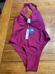 CUPSHE Maroon Ruched Shirred Halter One Piece Swimsuit Bathing Suit Size S - New - Picture 1 of 11