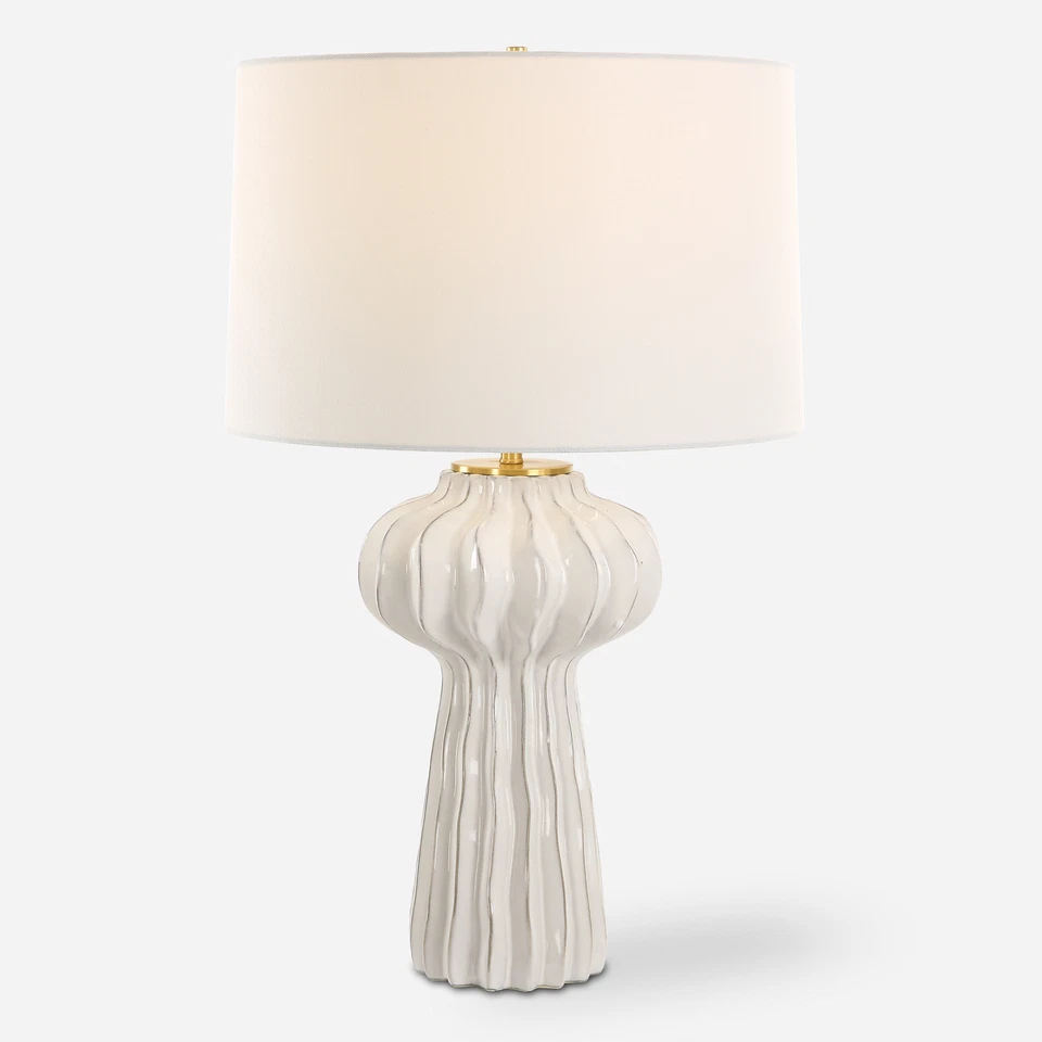 Organic Shape Off White Ribbed Table Lamp 28 in Modern Botanical Ceramic Ridged - Image 1 of 4