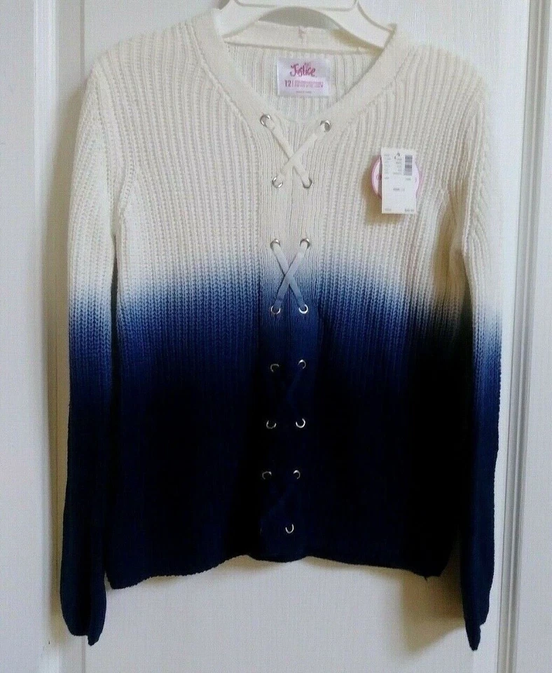 Suéter JUSTICE GIRLS Azul/Crema Manga Larga Talla 12 Nuevo con Etiquetas Lindo y Cálido $29.50 Foto 1 de 1