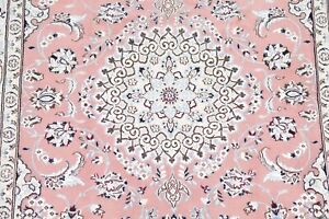 250 Knots Traditional Floral PINK SALMON Wool/Silk Nain Area Rug Hand-made 5'x8'