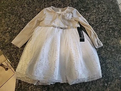 全新带标签 女孩 学步儿童 白色 水钻连衣裙 带灰色丝绒开衫 3T George... — 第 1/3 张图片