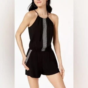 BCX Juniors' Embroidered Sleeveless Keyhole Back Black Romper, Size Medium - Picture 1 of 9