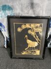 Vintage Asian Bamboo Straw Framed Art Birds Eating And Water Palm Tree
