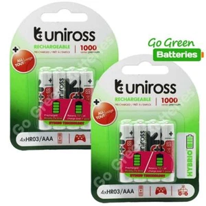 8 x Uniross AAA Rechargeable Batteries 1000 mAh NiMH