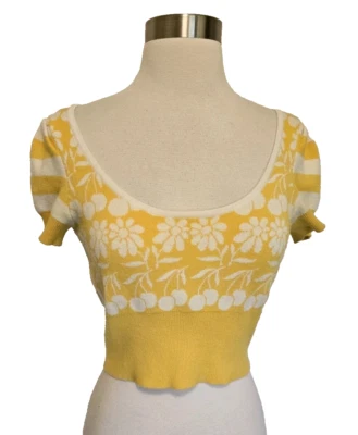 Anthropologie Maeve Trixie Cropped Tie Back Sweater Cherries Retro Pinup XXSP - Image 1 of 4