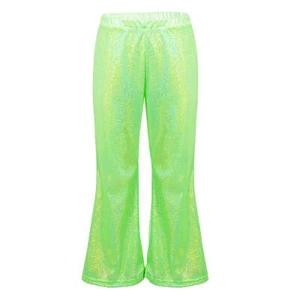 Girls Metallic Trousers Bell Bottom Leggings Pants Sequins High Waist Dancewear - Picture 1 of 51