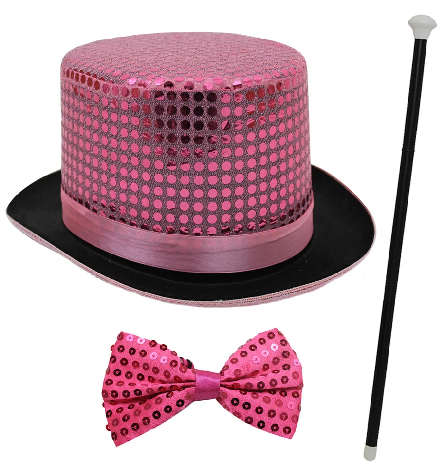 SOMBRERO DE COPA DE LENTEJUELAS ROSA BASTÓN DE BAILE PAJARITA DISFRAZ ESPECTÁCULO DE CABARET Ringmaster Foto 1 de 1