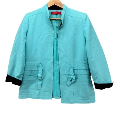 AK Anne Klein Belted Blazer Womens Aqua Blue Linen Blend Shoulder Pads Size 10P - Image 1 of 4