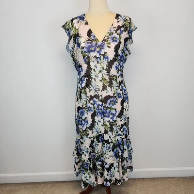 Vestido midi Tommy Hilfiger floral manga acampanada talla 14 cuello en V volantes casa de campo Foto 1 de 4